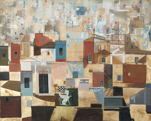 Spyros Vassiliou (Greek, 1902-1985) Golden Athens 120 x 150 cm. (Painted in 1983.)