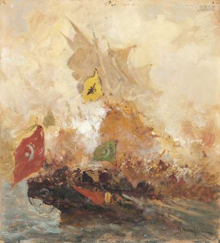 Vasilios Chatzis (Greek, 1870-1915) Byzantine naval battle 25 x 22.5 cm.