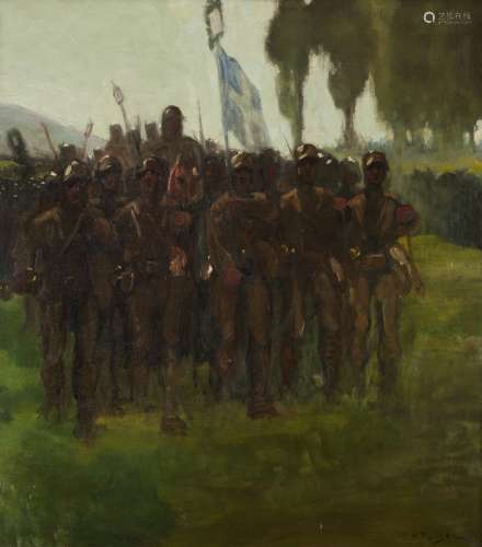 Georgios Roilos (Greek, 1867-1928) Marching in battle 90 x 80 cm.