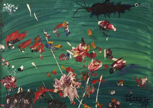 Thanos Tsingos (Greek, 1914-1965) Red and pink flowers on green background 81 x 116 cm. (Painted ...