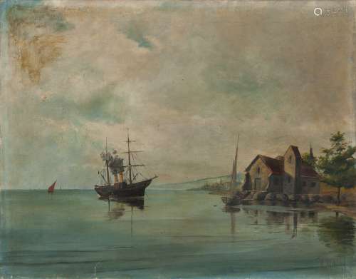 Georgios A. Isaias (Greece, 1873-1957) Anchored off a peaceful shore 50 x 64 cm.