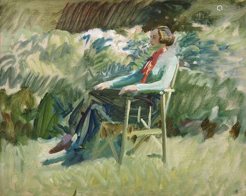 Sir Alfred James Munnings, PRA, RWS (British, 1878-1959) Buzzie Finch in Munnings's garden at 'Ha...