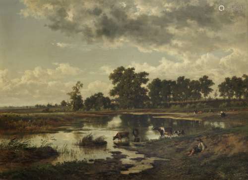 Carlos Sebastián Pedro Hubert de Haes (Spanish, 1829-1898) Cattle watering by a river