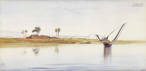 Edward Lear (British, 1812-1888) Boats on the Nile near Deir El Kadige