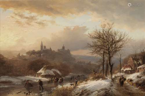 Barend Cornelis Koekkoek (Dutch, 1803-1862) A winter landscape with a view of Cleves in the distance