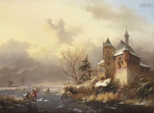 Fredrik Marinus Kruseman (Dutch, 1816-1882) Winter landscape with skaters near a castle