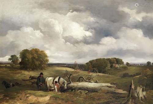 Frederick Richard Lee, RA (British, 1798-1879) Extensive landscape with figures resting by a fall...