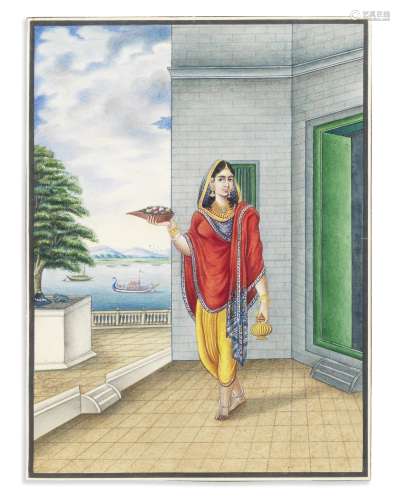 A maiden strolling on a riverside terrace Patna, circa 1840-60