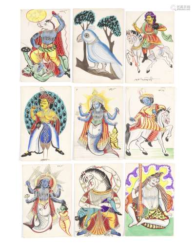 A large group of 101 small Kalighat paintings on card, mostly depicting figures and scenes from H...
