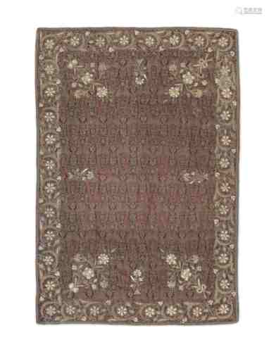 A rare and large Qajar metal-thread embroidered, pearl-encrusted wool 'royal' termeh panel Persi...