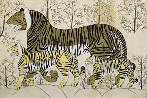 A large painting on cloth of a tiger standing in a forest with two tiger cubs Rajasthan, probably...