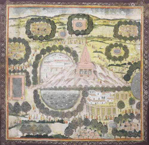 A painting on cloth depicting a temple devoted to the cult of Sri Nath-Ji in an extensive landsca...