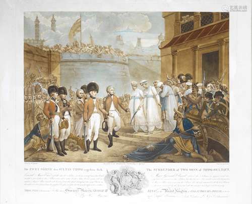 Four prints depicting the final events at the Siege of Seringapatam, the death of Tipu Sultan, an...