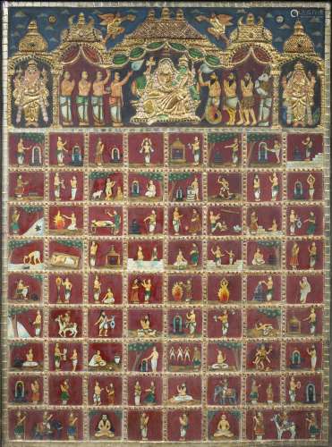 A large devotional tableau depicting Vishnu and Lakshmi and multiple scenes of devotees South Ind...