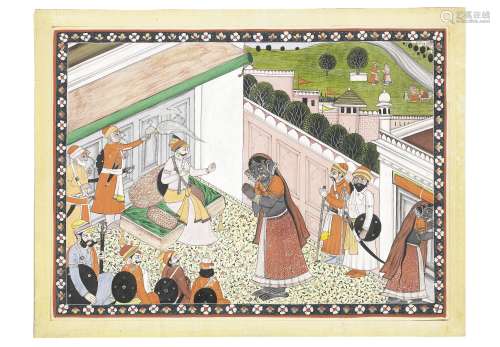 An episode from the Mahabharata, depicting a prince receiving, and spurning, a female demon Pahar...