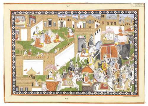 An episode from the Mahabharata, depicting the procession before the marriage of Krishna and Rukm...