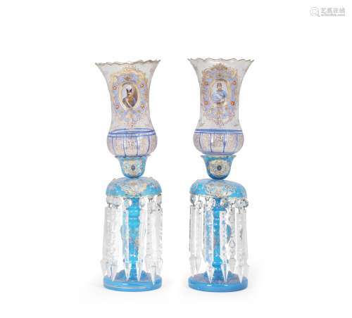 A pair of Bohemian opaline glass lamps depicting Nasr al-Din Shah Qajar (reg. 1848-1896) late 19t...
