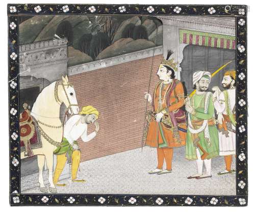 A groom leads a stallion to a nobleman Pahari, Kangra, circa 1830