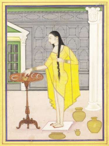 A courtesan at her toilette in a European-style interior Delhi, circa 1830-40