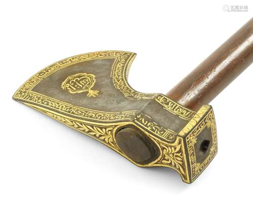An Ottoman gold-damscened steel axe-head signed by Feyzi Turkey, early 19th Century, possibly dat...