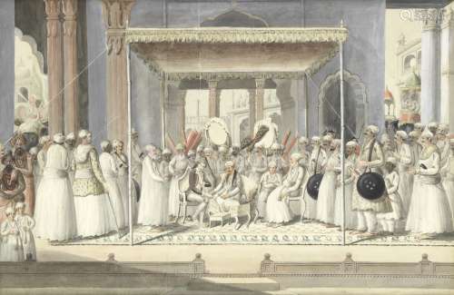 Mubarak-ud-Daula, Nawab of Murshidabad (1770-93), seated in durbar with Sir John Hadley D'Oyly, B...