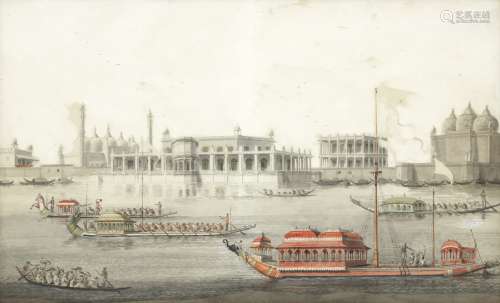 The Agna Mahal, part of the Nawab's palace at Murshidabad on the River Hooghly, with a royal barg...