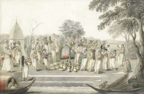 A group of devotees and musicians making offerings at a riverside shrine Murshidabad, late 18th/e...