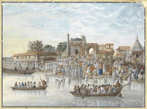 A large gathering at a riverside ghat, attributed to the artist Sewak Ram Patna, late 18th Centur...