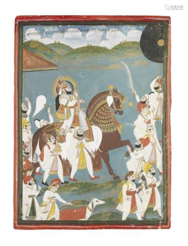 Maharajah Bhim Singh (reg. 1778-1828) in procession on horseback, accompanied by attendants on fo...