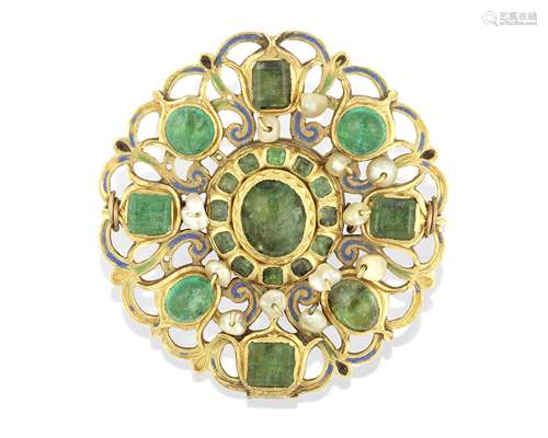 A gem-set enamelled gold circular pendant (tazra) Morocco, 18th Century