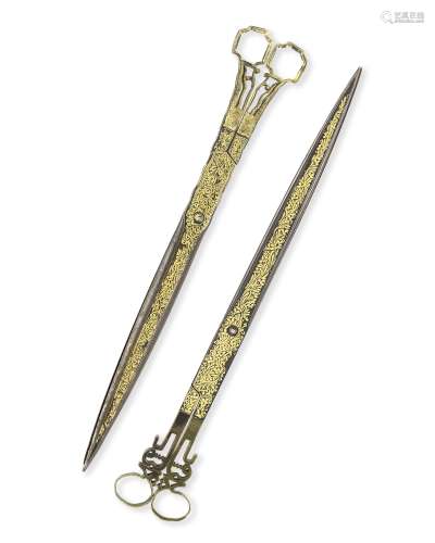 Two pairs of Ottoman gold-damascened steel calligrapher's scissors Turkey, 19th Century(2)