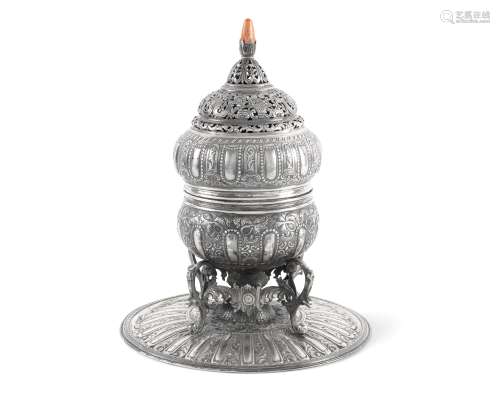 An Ottoman coral-mounted repoussé silver incense burner Turkey, 19th Century