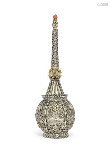 Ottoman coral-mounted gilt-silver filigree rosewater sprinkler (gulabdan) Turkey, 18th Century