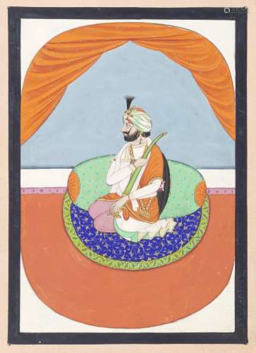 Maharajah Ranbir Singh of Jammu and Kashmir (d. 1885) seated on a terrace, cradling a sword Punja...