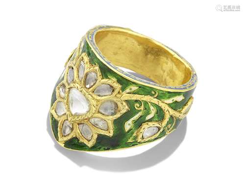 A diamond-set enamelled gold archer's ring North India, 19th Century