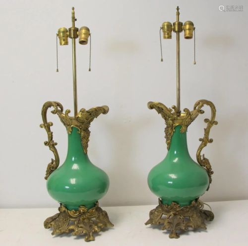 Pair Of Antique Bronze And Porcelain Ewers.