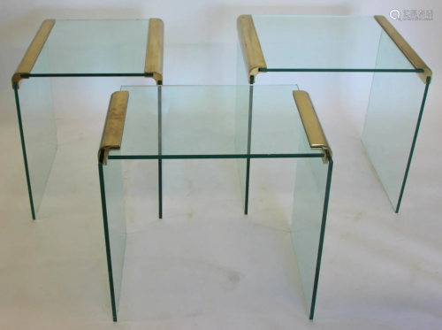 3 Vintage Brass And Glass Tables .