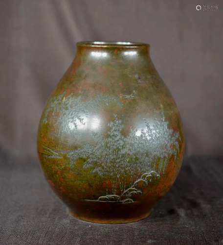 Japanese Bronze Vase with Bamboo Scene