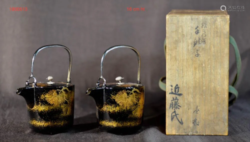 Pair Japanese Lacquer Ewer with Silver …