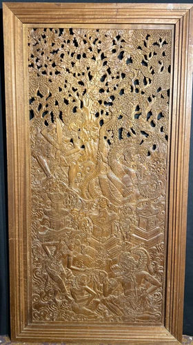 Southeast Asian Carved Wood Panel - Diety