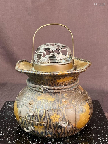 Japanese Lacquer Basket Censer with Silver Lid