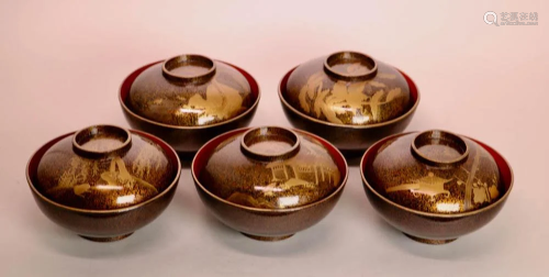 Japanese Gold Lacquer Bowl Set - Edo Sce…