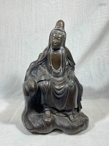 Japanese Bronze Kuanyin Sitting on Rock