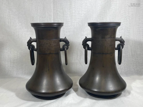 Pair Japanese Bronze Vase with Ring Handle