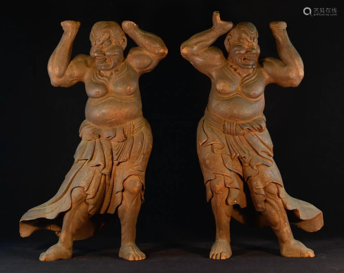 Pair Large Japanese Carved Wood Guardians