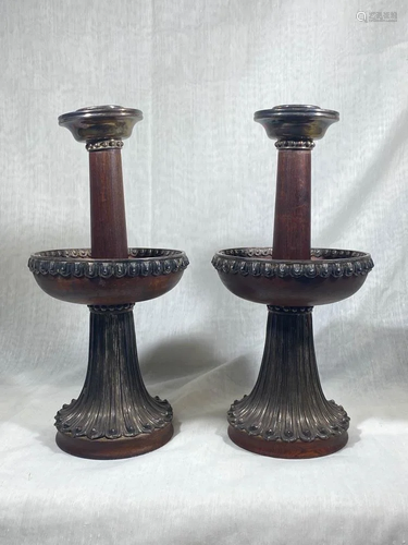 Pair Chinese Silver and Hardwood Candle Ho…