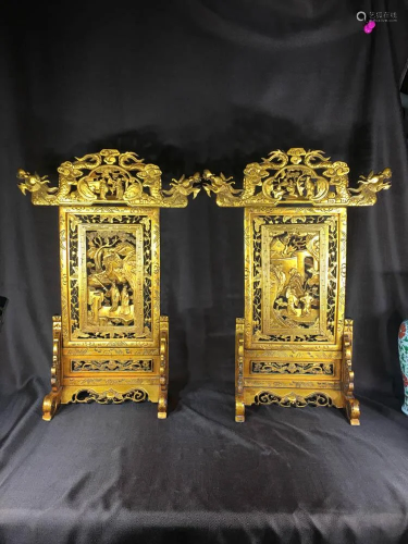 Pair Chinese Gold Lacquer Screen with Warr…