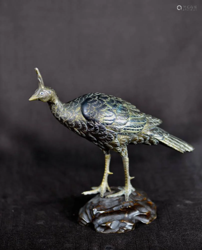 Japanese Mixed Metal Bird on Wood Stand