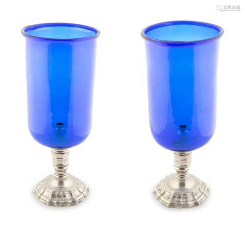 A Pair of Cobalt Glass and Silvered Metal …