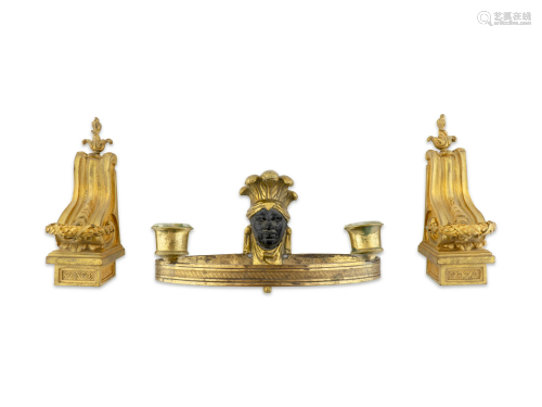 Three French Gilt Metal Items Sconce, height…